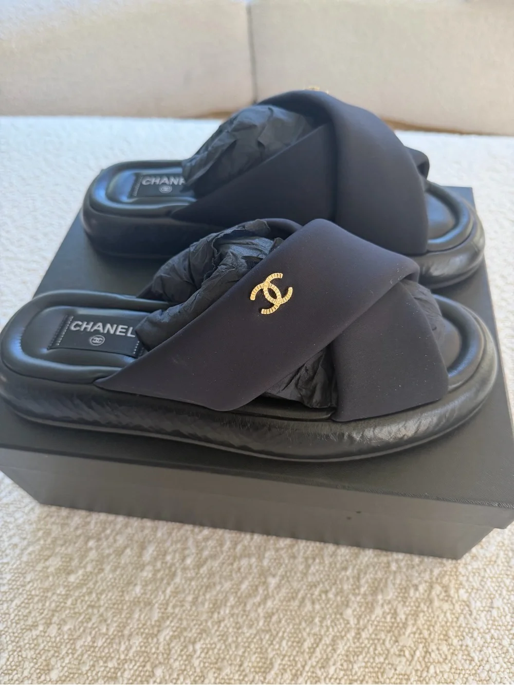 CHANEL Black Quilted CC Crossover Slide Sandals | Box Included